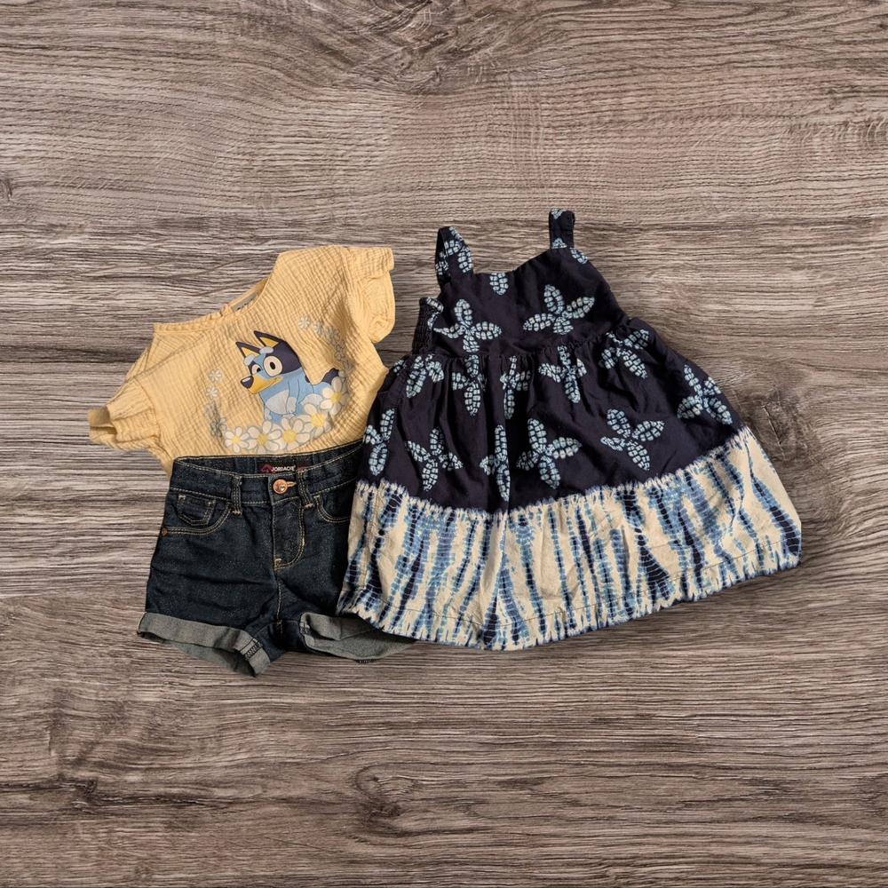 3 Piece Set, 2T, Baby Gap Dress, Bluey Blouse, Jordache Jean Short